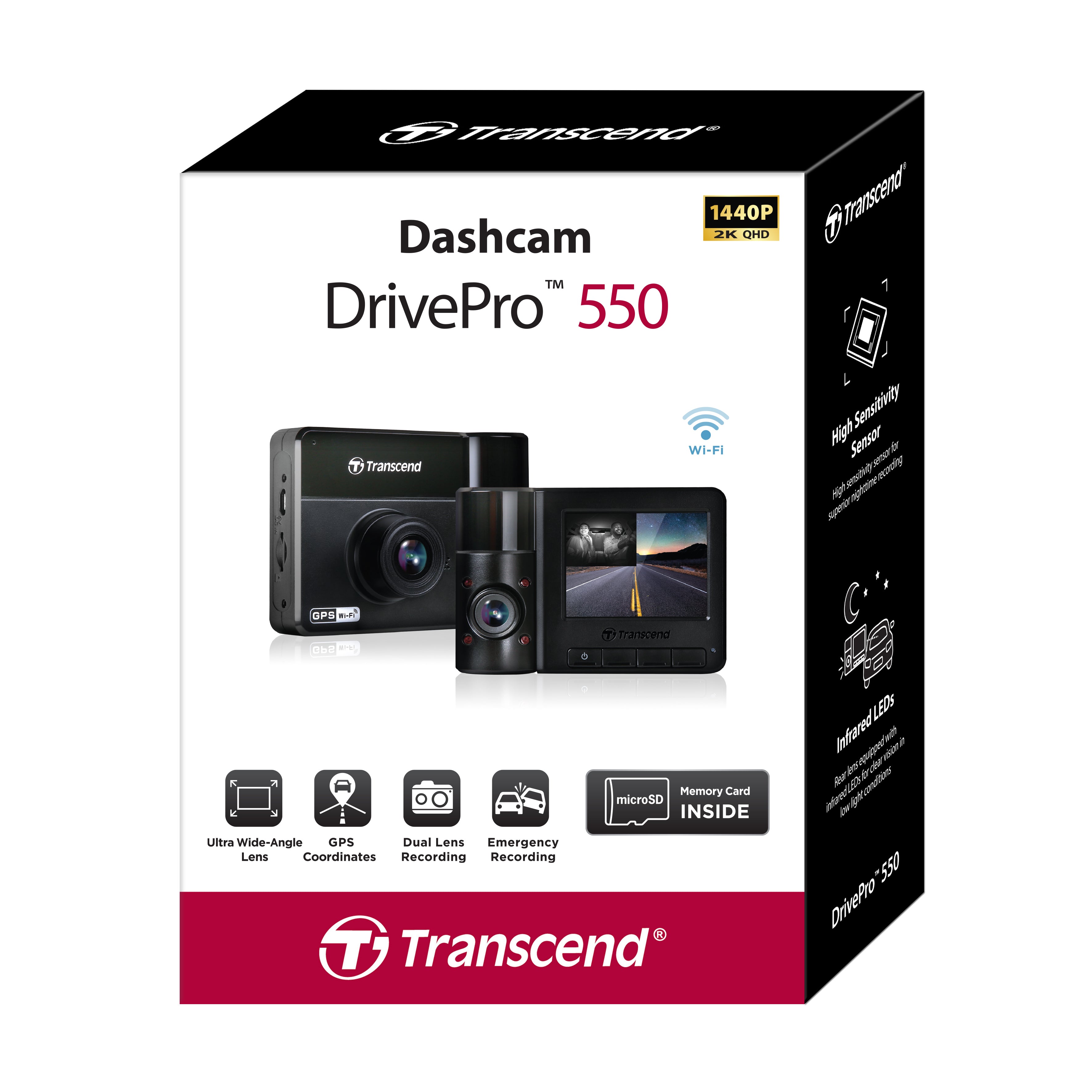 Transcend Dashcam DrivePro 550 1440P 2K QHD Dual Camera 128GB