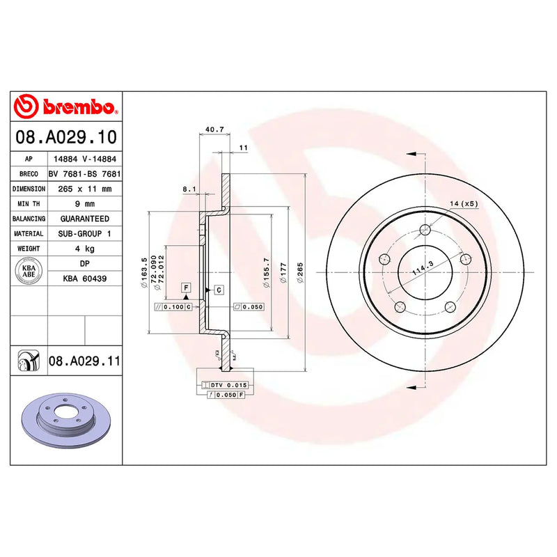 Brembo Rear Rotor Disc 08.A029.11 for Mazda 3