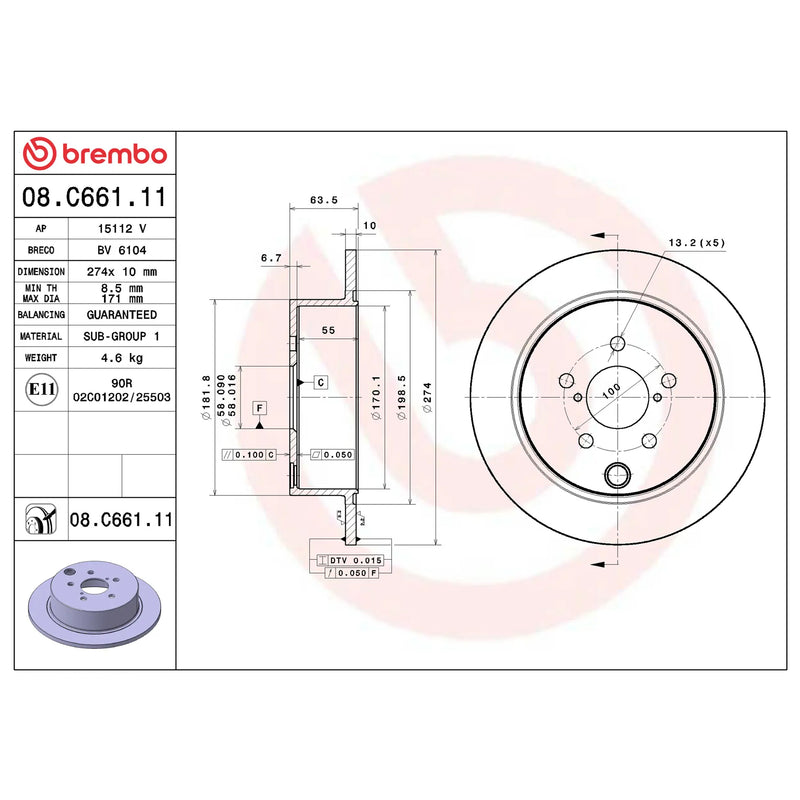 Brembo Rear Rotor Disc 08.C661.11 for Subaru Forester, Impreza, XV