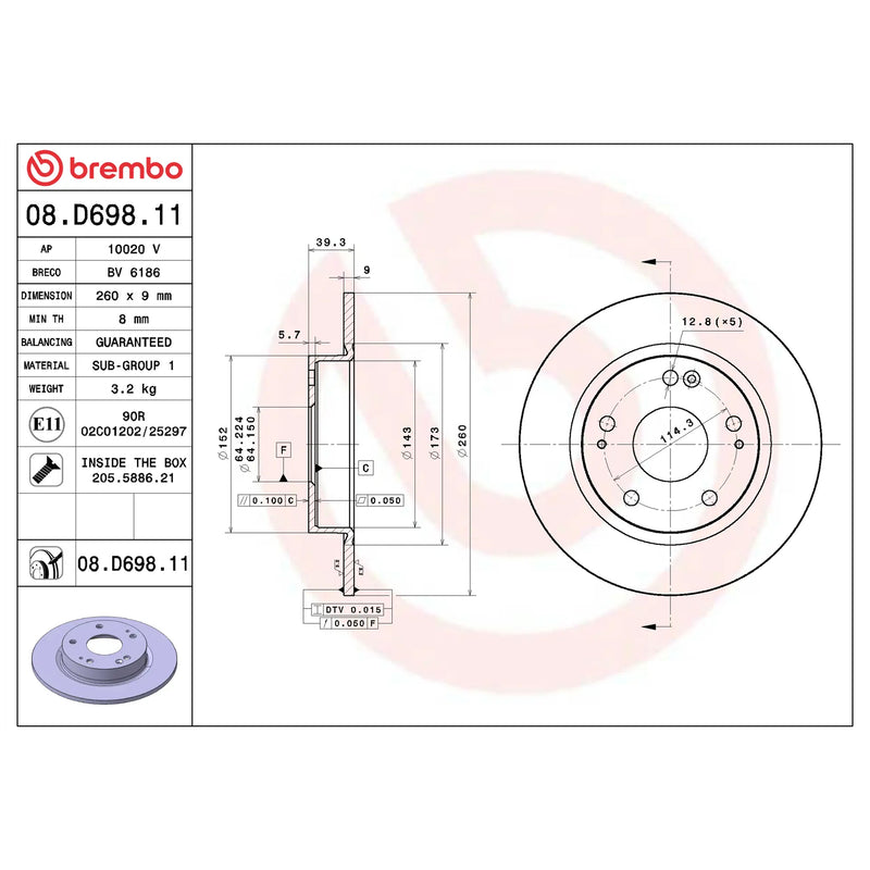 Brembo Rear Rotor Disc 08.D698.11 for Honda Civic FC 2016-2022