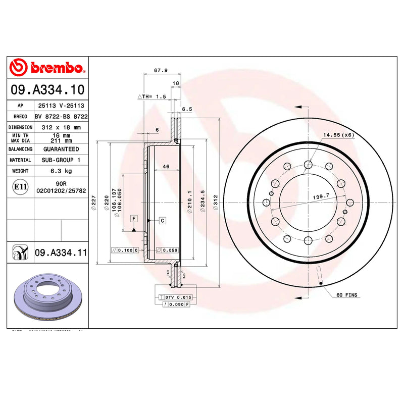 Brembo Rear Rotor Disc 09.A334.11 for Toyota Fj Cruiser, Land Cruiser