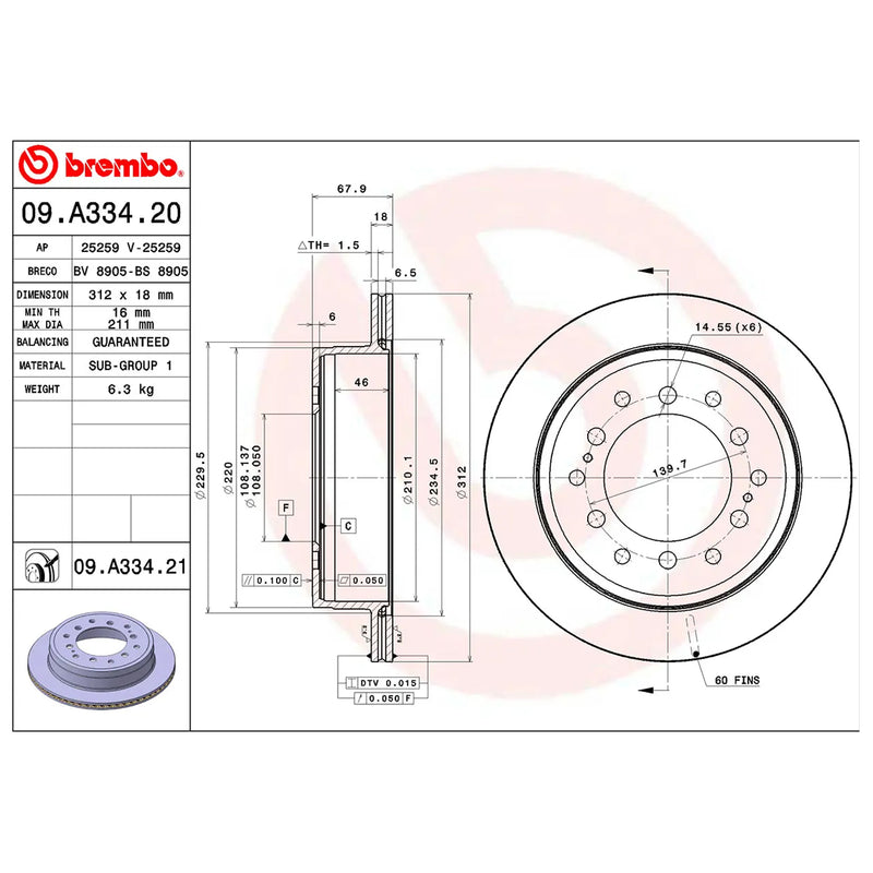 Brembo Rear Rotor Disc 09.A334.21 for Toyota Fortuner 2016 - Present