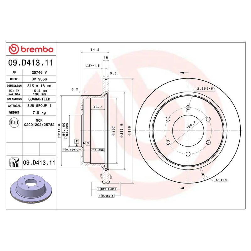 Brembo Rear Rotor Disc 09.D413.11 for Mitsubishi Montero Sport 2008 - 2015