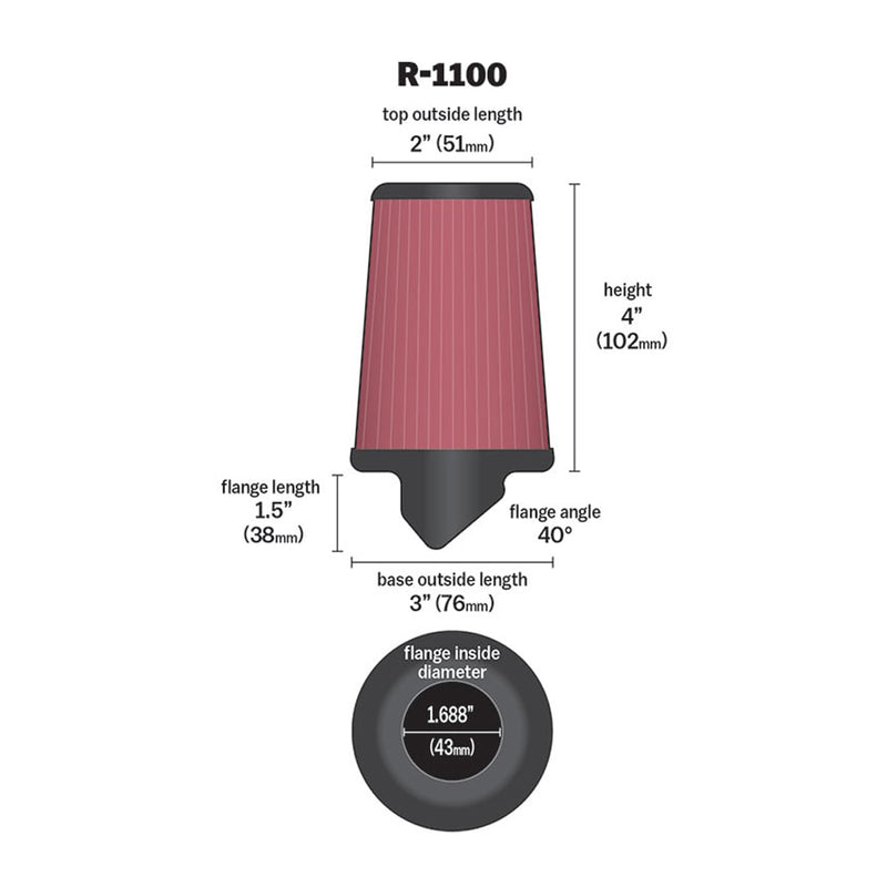 K&N Universal Clamp-On Air Filter R-1100 1.688" Inlet, 4" Height (40° Flange Angle)