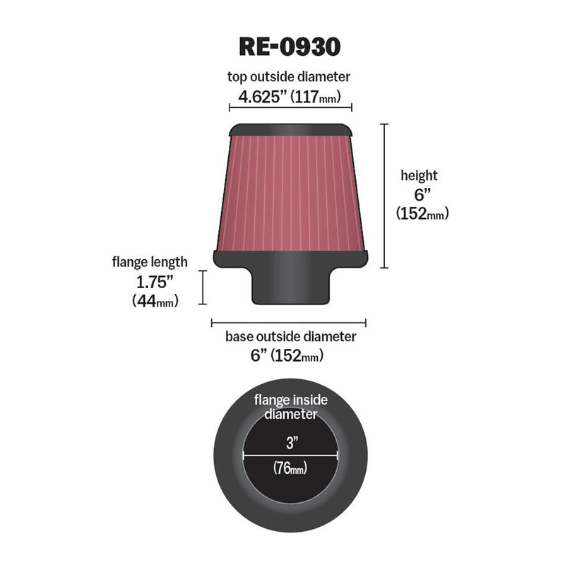 K&N Universal Clamp-On Air Filter RE-0930 3" Inlet, 6" Height
