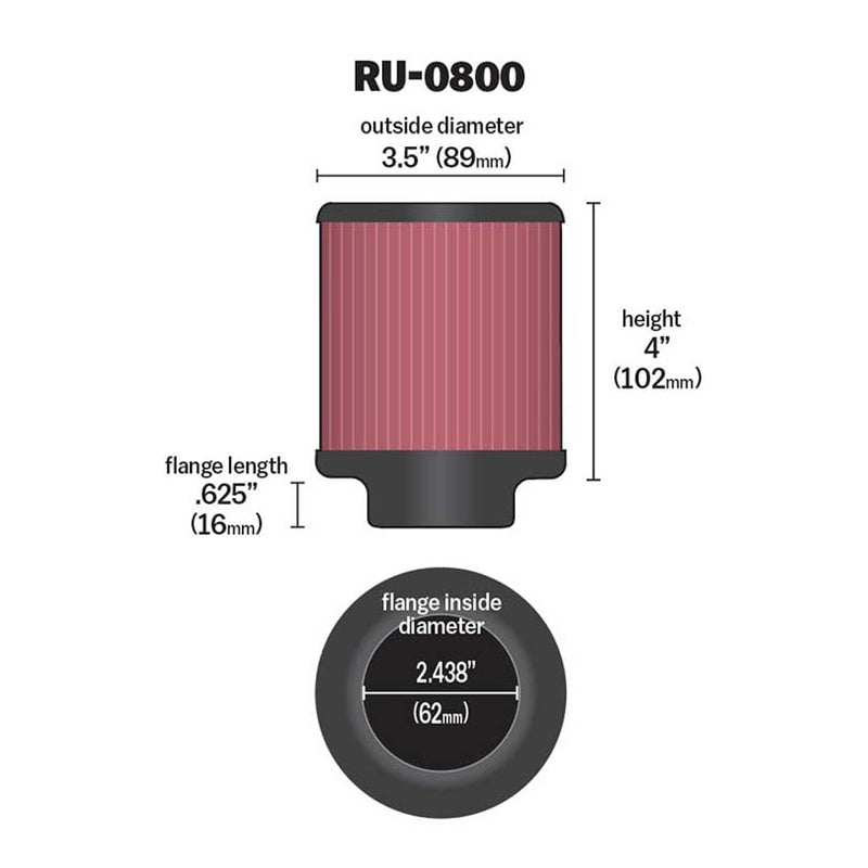 K&N Universal Clamp-On Air Filter RU-0800 2.438" Inlet, 4" Height