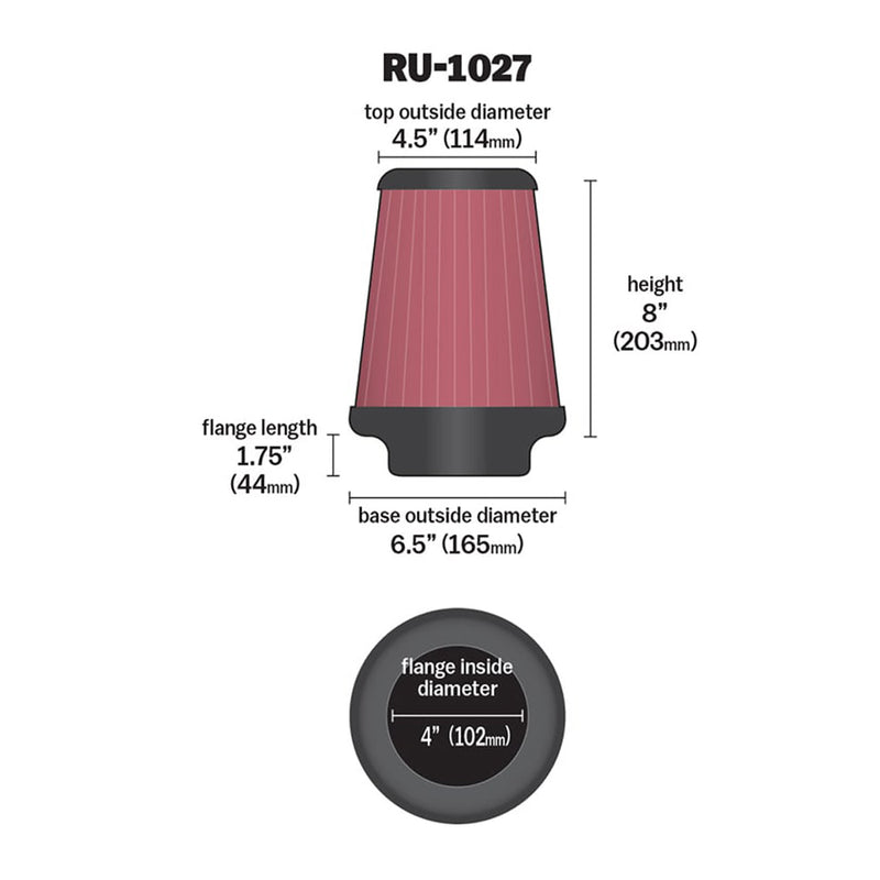K&N Universal Clamp-On Air Filter RU-1027 4" Inlet, 8" Height