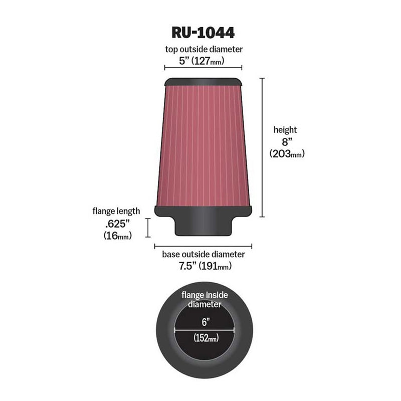 K&N Universal Clamp-On Air Filter RU-1044 6" Inlet, 8" Height