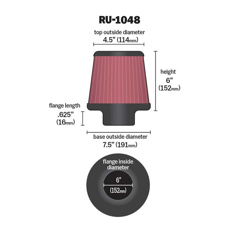 K&N Universal Clamp-On Air Filter RU-1048 6" Inlet, 6" Height