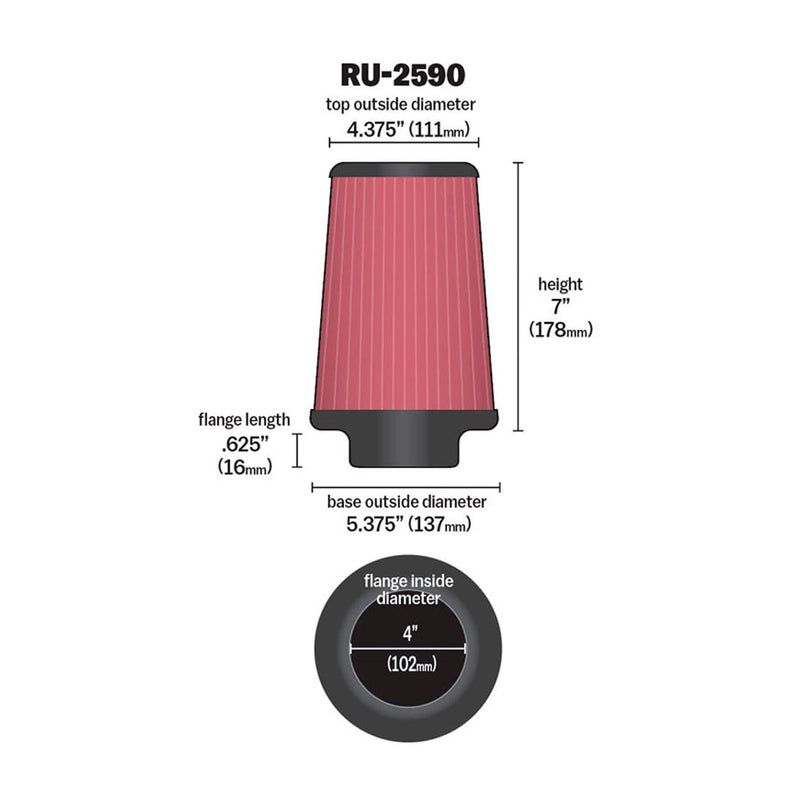 K&N Universal Clamp-On Air Filter RU-2590 4" Inlet, 7" Height