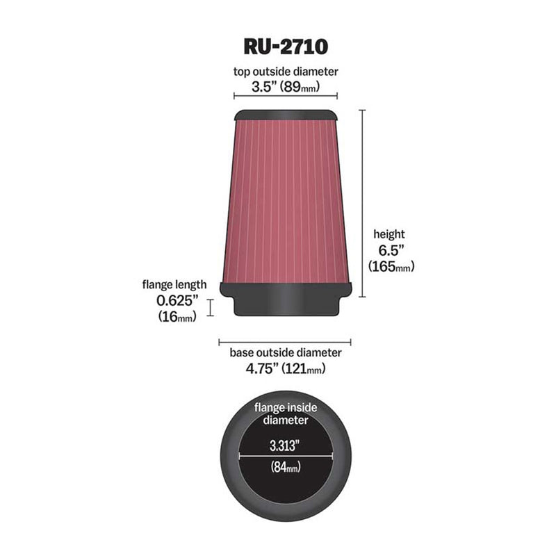 K&N Universal Clamp-On Air Filter RU-2710 3.313" Inlet, 6.5" Height