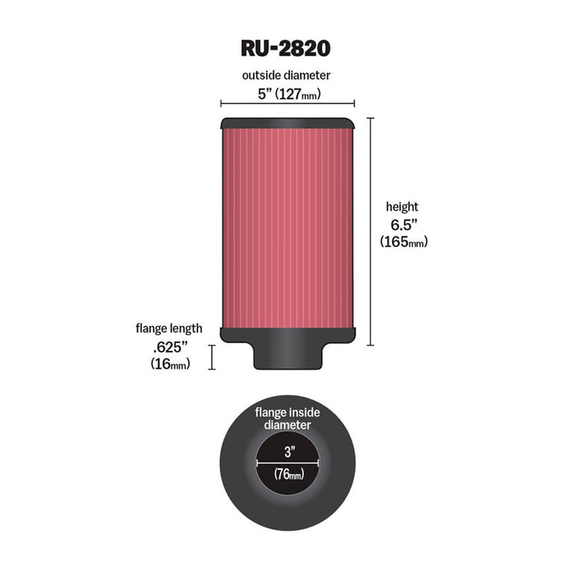 K&N Universal Clamp-On Air Filter RU-2820 3" Inlet, 6.5" Height
