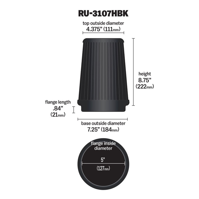 K&N Universal Clamp-On Air Filter RU-3107HBK 5" Inlet, 8.75" Height Dryflow Oil-Free