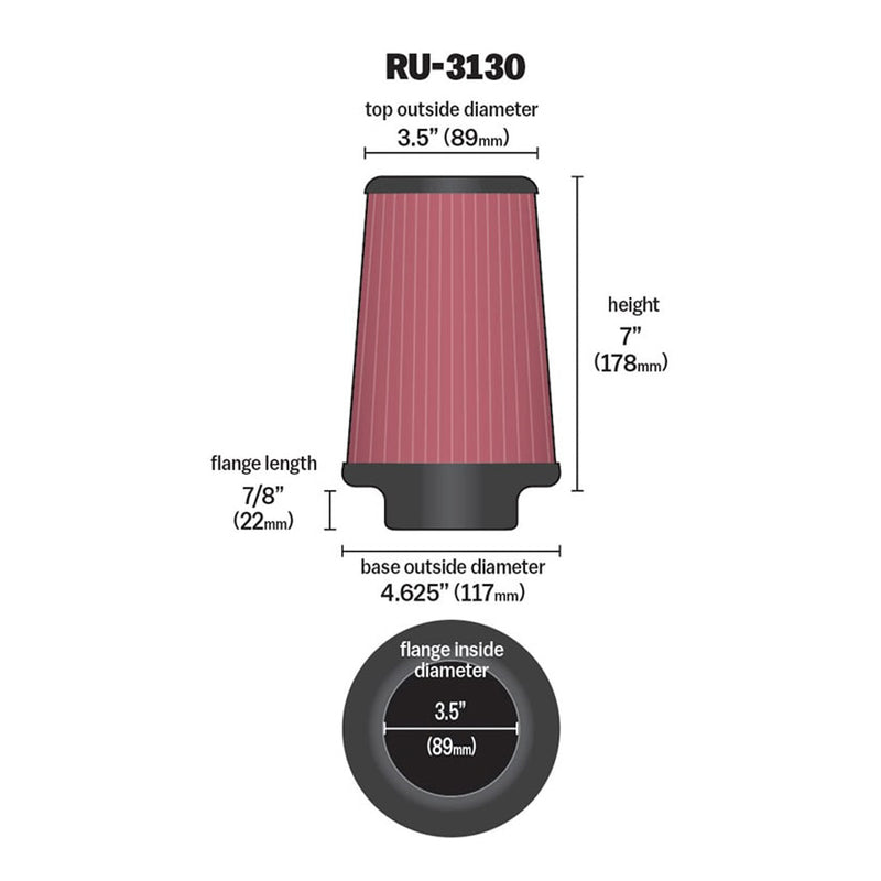 K&N Universal Clamp-On Air Filter RU-3130  3.5" Inlet, 7" Height