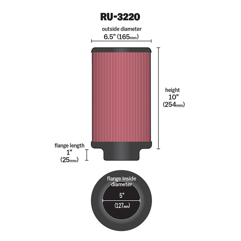 K&N Universal Clamp-On Air Filter RU-3220 5" Inlet, 10" Height
