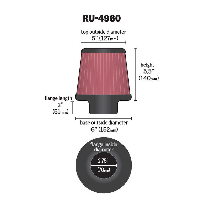 K&N Universal Clamp-On Air Filter RU-4960 2.75" Inlet, 5.5" Height