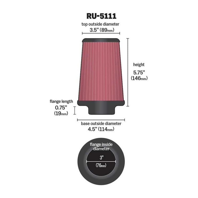 K&N Universal Clamp-On Air Filter RU-5111 3" Inlet, 5.75" Height
