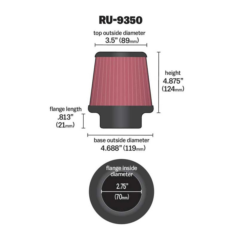 K&N Universal Clamp-On Air Filter RU-9350 2.75" Inlet, 4.875" Height