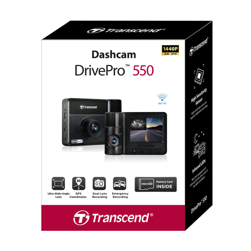Transcend Dashcam DrivePro 550 1440P 2K QHD Dual Camera 64GB