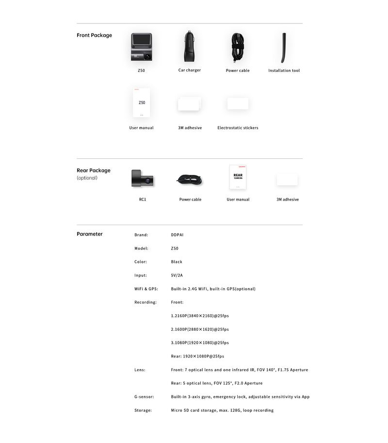 DDPAI Dashcam Z50 + Rear Cam 2160P 4K UHD Resolution