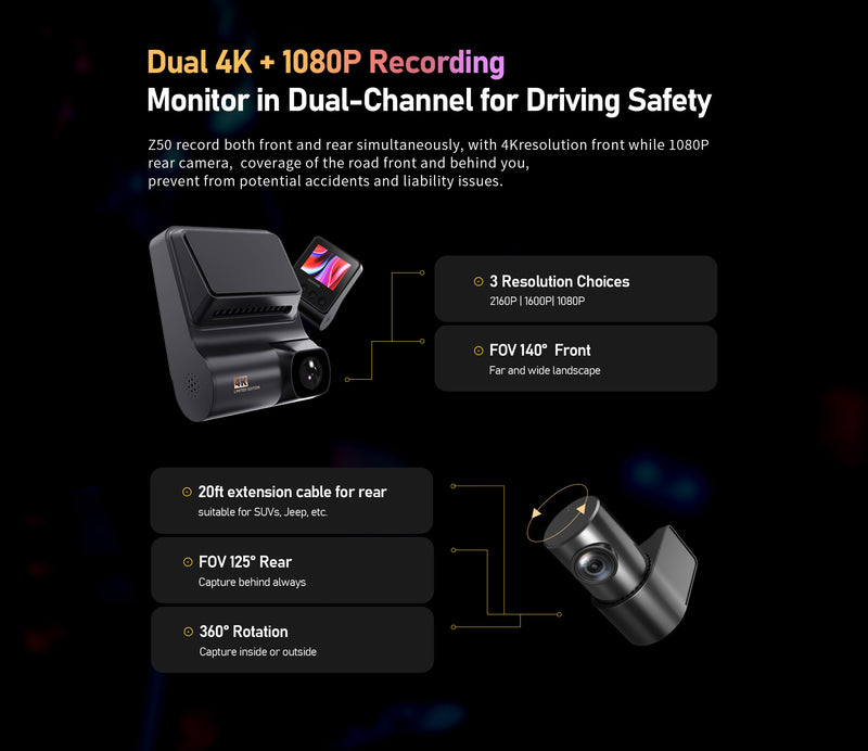 DDPAI Dashcam Z50 + Rear Cam 2160P 4K UHD Resolution