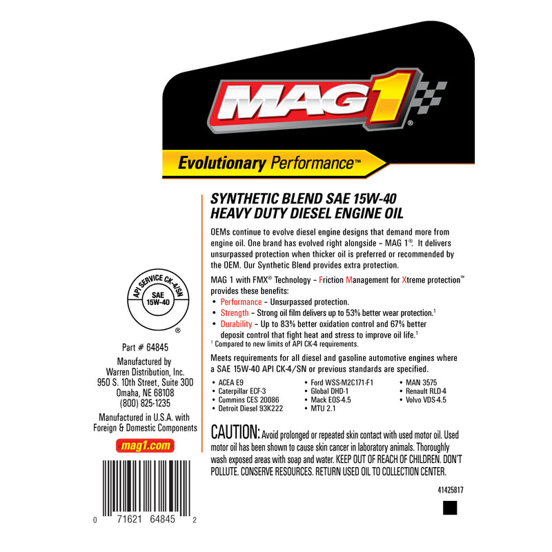 MAG1 15W40 API CK-4/SN Synthetic Blend HD Oil 1gal/3.79L