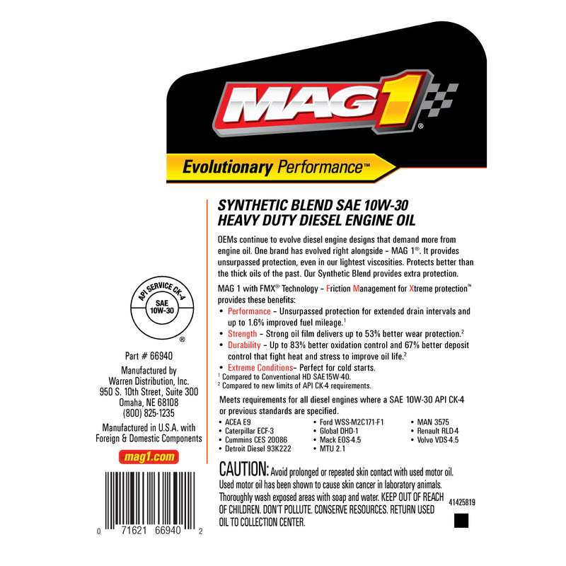 MAG1 10W30 API CK-4/SN Synthetic Blend HD Oil 1gal/3.79L