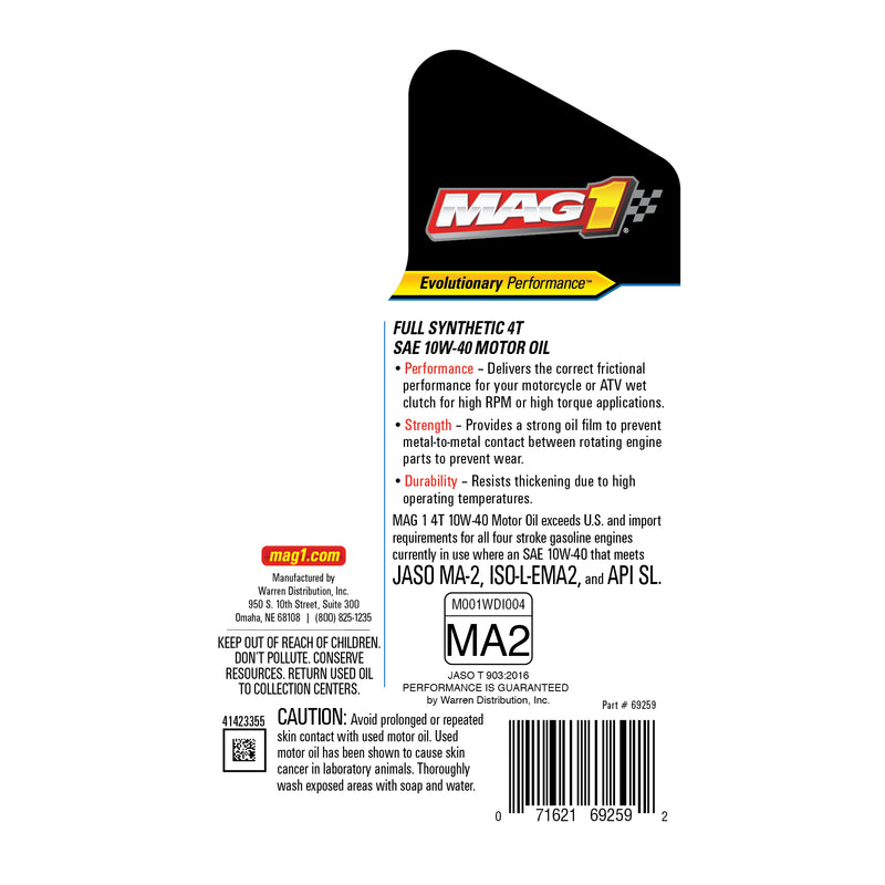 MAG1 4T 10W-40 100% Synthetic Oil JASO MA-2, SL 1qt.