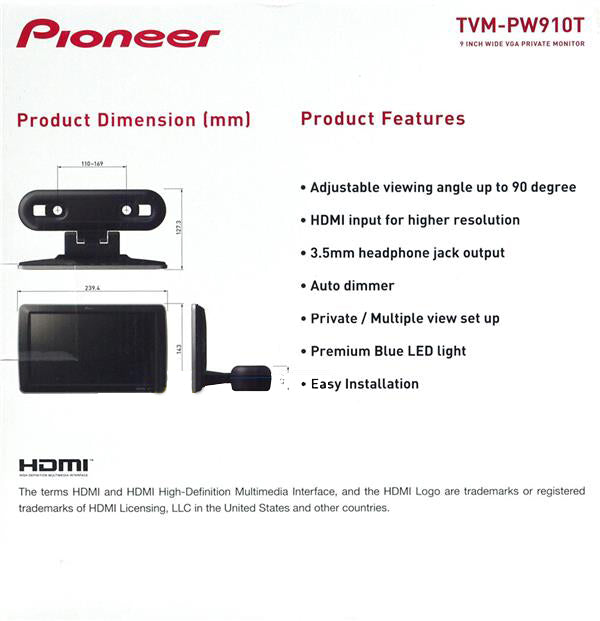 Pioneer TVM-PW910T 9" Private Monitor HD Display with HDMI & RCA Input (USB port for charging)